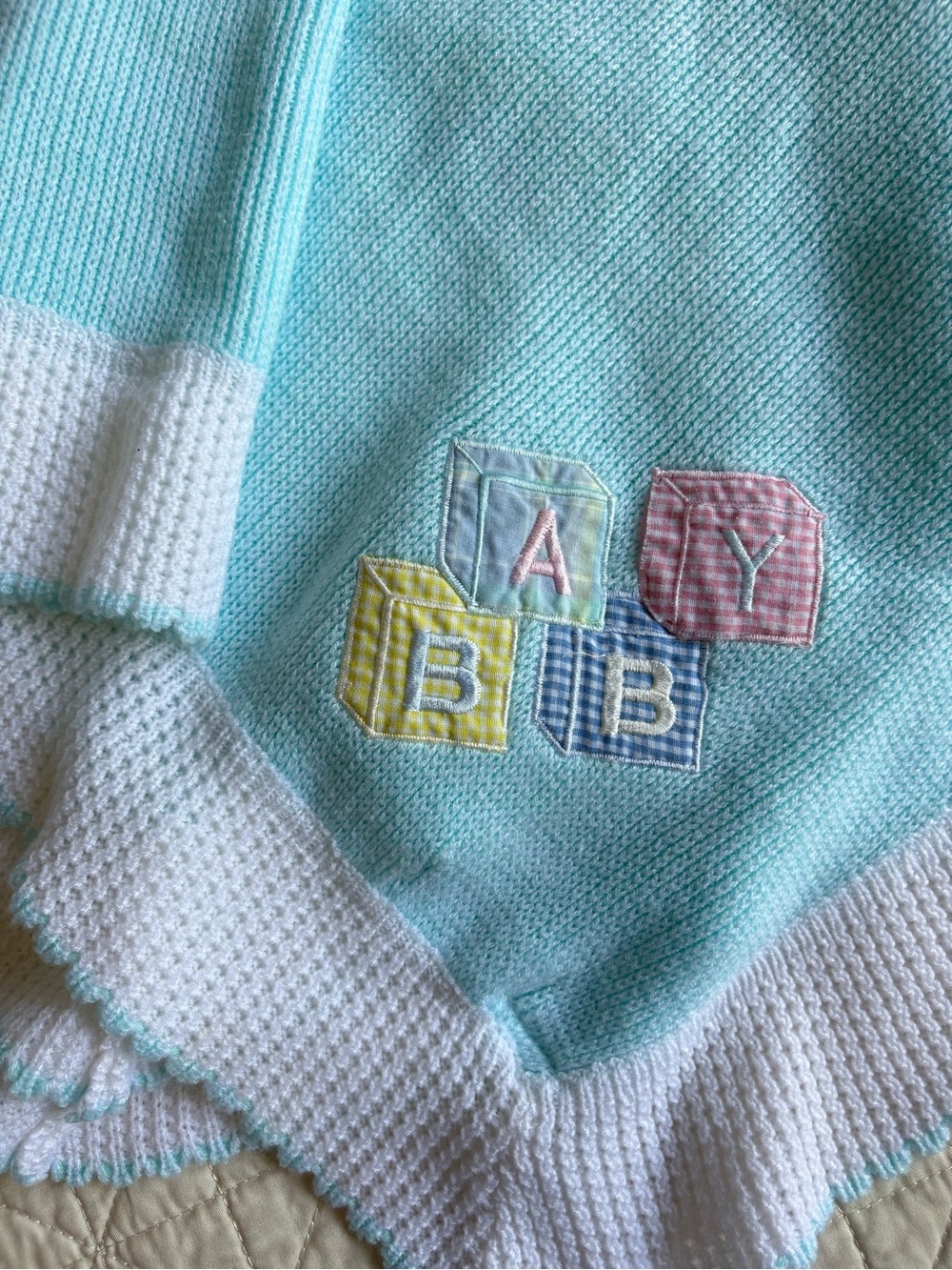 Vintage Class Club Baby Light Mint Knit Blanket with Appliqué Blocks